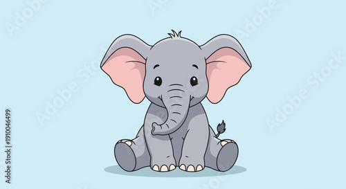 Cute cartoon baby elephant sitting and smiling.