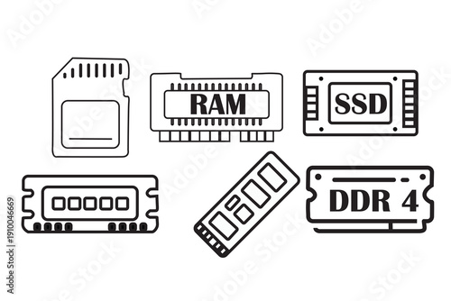 Black and white line icon set of computer hardware components including RAM, SSD, DDR4 memory, and memory card.