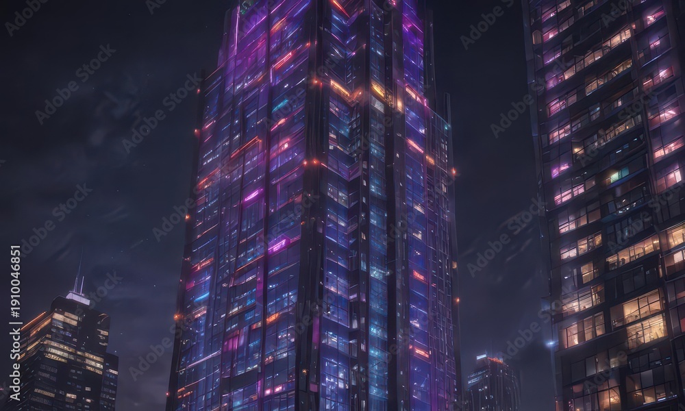 Obraz premium Neon-lit skyscraper with glowing windows, reflecting city lights , cyberpunk, neon
