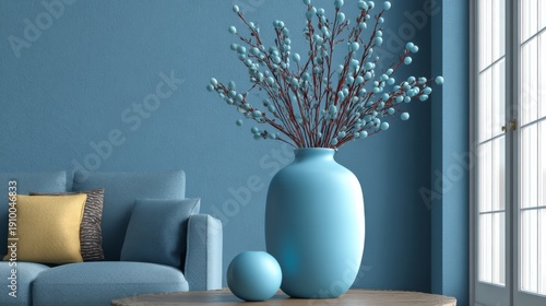 Serene Living Room with Blue Vase and Decorative Branches on Table, Modern Interior Design, Soft Color Palette, Cozy Atmosphere, Stylish Home Decor