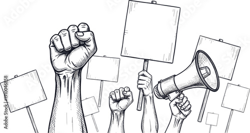 Hand drawn sketch of raised fists with blank protest signs and megaphone for social justice and activism concept.