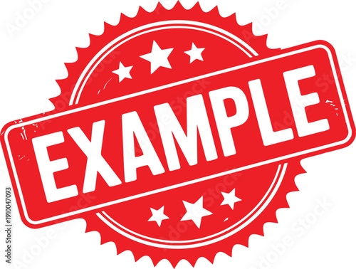A clean red circular stamp with prominent jagged edges displays the word EXAMPLE and decorative stars