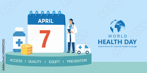 World Health Day 2026 theme banner. Happy World Health Day and Global Action for Universal Health Coverage text. Vector illustration.