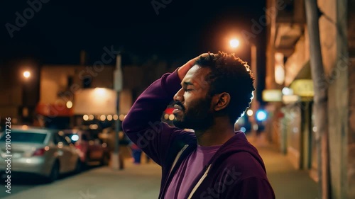 Confused and lost African American man wandering city streets looking for directions
