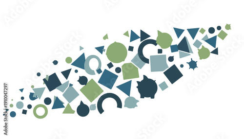 A dynamic diagonal arrangement of various geometric shapes and abstract icons in shades of green and blue, symbolizing data, ideas, and business concepts.