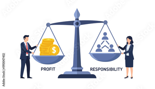 Business people balancing profit and corporate social responsibility on a scale.