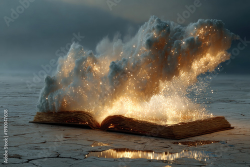 A fantasy scene featuring an open ancient book, emitting radiant light, sparks, and a thick cloud of smoke.  