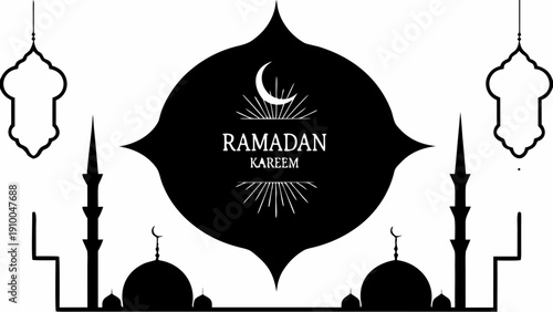 Ramadan Kareem celebration with mosque silhouette and crescent moon