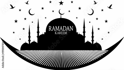 Ramadan Kareem celebration with mosque silhouette at night