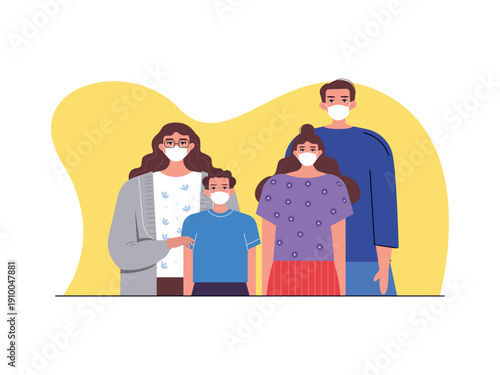 A family of four, wearing masks to protect against the spread of the virus. Omicron illustration. Flat vector illustration concept.