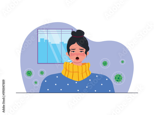A woman experiencing flu symptoms and coughing or sneezing, with viruses depicted around her. Omicron illustration. Flat vector illustration concept.