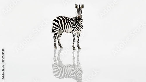 Graceful Zebra Standing with Reflection on Isolated White Background
