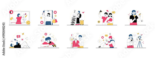 Set of 10 vlog illustrations packs. Flat vector concepts.