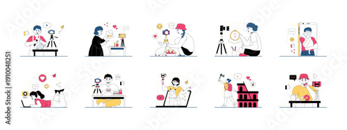 Set of 10 vlog illustrations packs. Flat vector concepts.