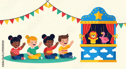 Children enjoy a puppet show at a colorful carnival, waving at the stage with excitement