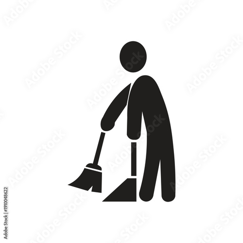 icon image of a person sweeping silhouette illustration graphic symbol depicting the activity of cleaning the floor using a broom which generally represents the concept of cleanliness, household chore