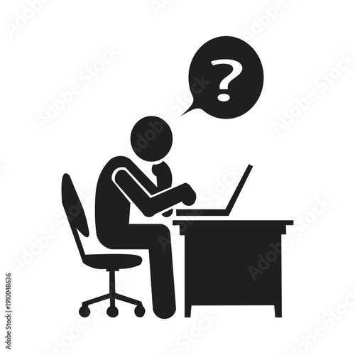 The icon image of a confused person in front of a laptop is a silhouette illustration that generally depicts someone experiencing difficulty, stress or confusion when using technology. This icon is of