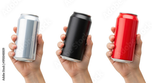 Hands holding silver, black, and red soda cans isolated on transparent background