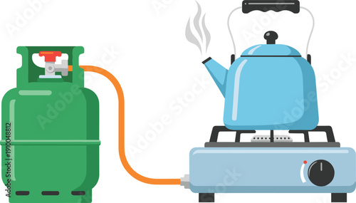 Cartoon vector illustration of a green propane gas cylinder connected to a portable blue stove with a boiling steaming tea kettle for camping