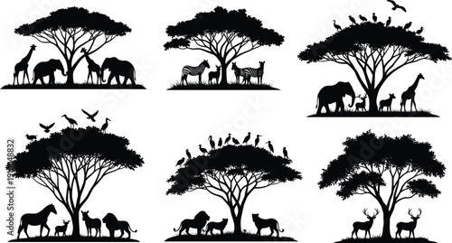 Black silhouette illustration of African savanna scenes featuring giraffes, elephants, lions, zebras, antelopes, deer, and acacia trees, symbolizing wildlife biodiversity and natural ecosystem harmony