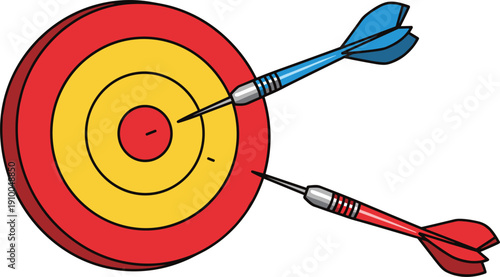 Cartoon vector illustration of a red and yellow target bullseye with blue and red darts hitting the center concept for success and achievement