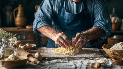 Artisan chef preparing fresh pasta on a wooden table with flour, eggs, and kitchen tools highlighting traditional cooking techniques in the kitchen