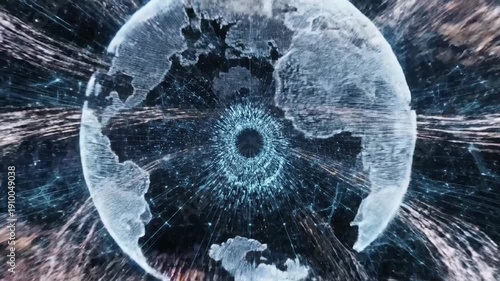 Futuristic digital network with glowing globe and data stacks background