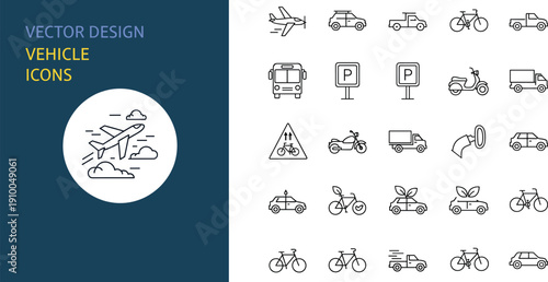Collection of minimal vehicle line icons including car bike truck bus motorcycle airplane and parking symbols