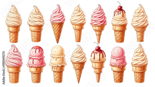 A charming watercolor collection of delightful ice cream treats, including waffle cones, soft serve swirls, scoops, and cherry-topped desserts.
