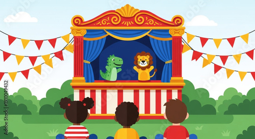 Children enjoying an outdoor puppet show featuring fun animal characters, a classic form of entertainment and storytelling for young audiences in a park setting, fostering imagination and joy