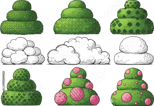 Collection of Decorative Green Garden Topiary Bushes Rounded Shrubs and Sketch Style Hedge Plants in Various Shapes Isolated on White Background for Landscape Design (25 words)