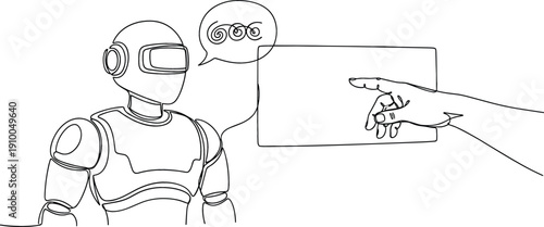 Minimalist continuous one line drawing of a robot interacting with a human hand for AI and technology concept.
