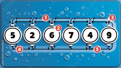 Step by step numbered process flowchart with bubbles and arrows on blue water background