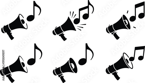 Set of Minimalist black abstract megaphone with a musical note coming out silhouette vector icon