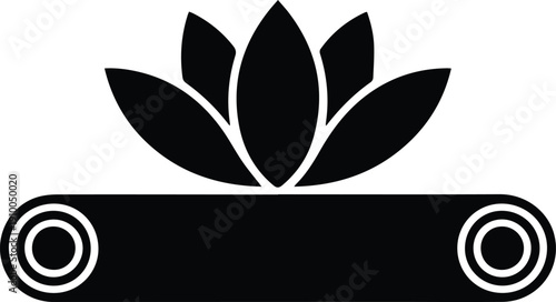 Minimalist black lotus flower on top of a yoga mat silhouette vector icon