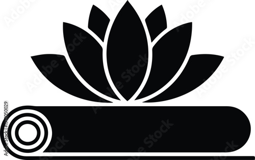 Minimalist black lotus flower on top of a yoga mat silhouette vector icon