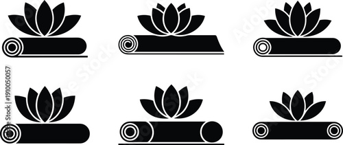 Set of Minimalist black lotus flower on top of a yoga mat silhouette vector icon