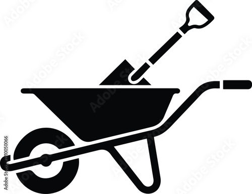 Minimalist black wheelbarrow with a shovel inside silhouette vector icon
