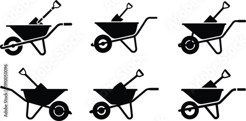 Set of Minimalist black wheelbarrow with a shovel inside silhouette vector icon