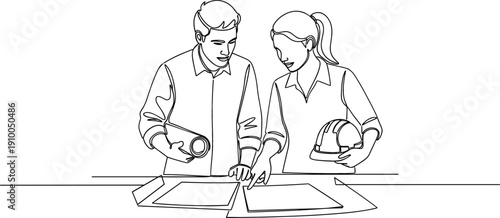 Minimalist continuous one line drawing of two architects reviewing blueprints for construction and engineering project development concept.