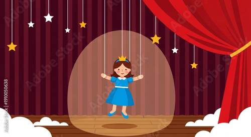 World Puppetry Day a princess puppet in blue dress and crown, performing on a stage with red theater curtains and twinkling stars. Evokes childhood wonder and imaginative play
