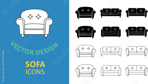 Collection of minimalist sofa icons in black and white variations of armchairs and couches for furniture design and interior concepts