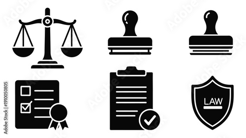 Icons representing various aspects of the legal and justice system isolated on white background, Vector