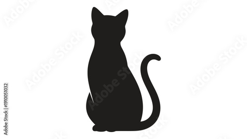 Silhouette of a cat sitting with its tail curled around its body isolated on white background, Vector