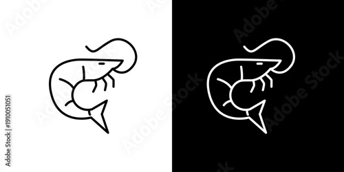 Minimalist line art vector icon of a fresh shrimp, ideal for seafood menus, restaurant branding, and aquatic designs. Modern graphic illustration of popular shellfish