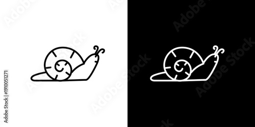 Line art icon illustrations of a snail on a white and black background