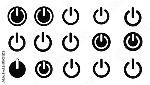 A collection of various power button icons in different states and designs isolated on white background, Vector