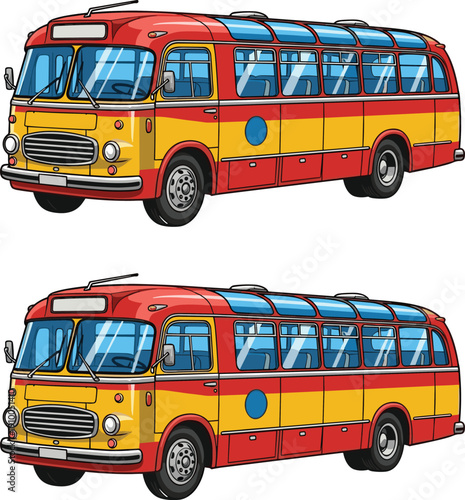 Colorful vintage bus illustration set in retro style, classic public transport coach with red and yellow paint, isolated vector design on white background.