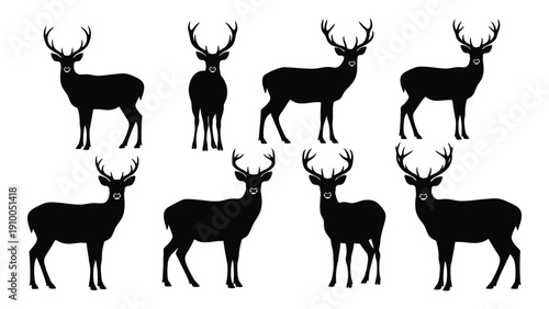 A group of eight black silhouette deer in various poses and positions isolated on white background, Vector