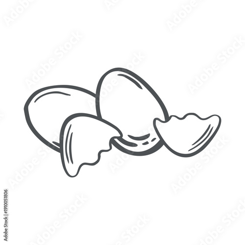Eggs and shells vector graphic illustration. Whimsical hand drawn illustration for food design. Black and white Easter doodle for greeting card. Isolated doodle for organic farm products packaging.